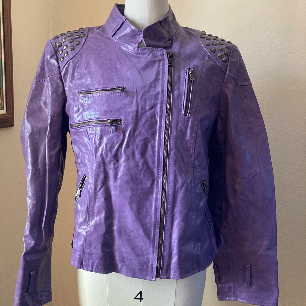 Pamela McCoy Purple Studded Leather Coat Jacket